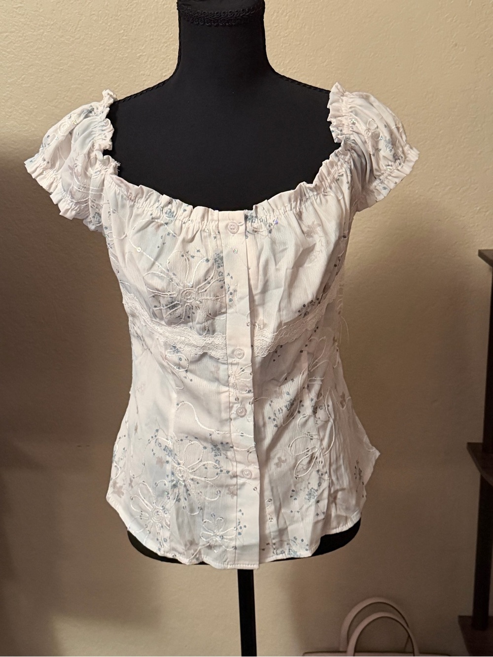 White Embroidered Puff-Sleeve Button Front Top